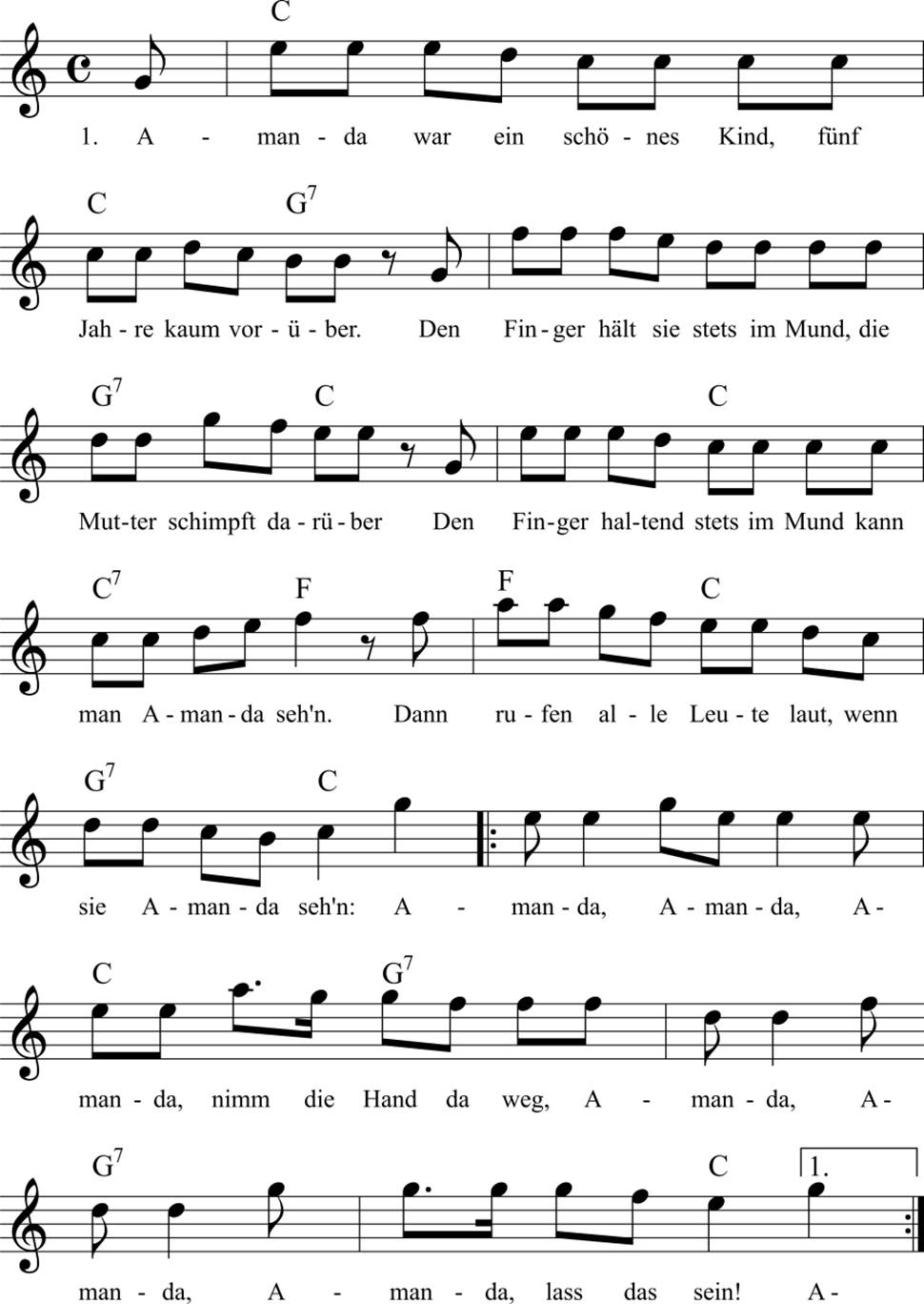 Musiknoten zum Lied - Amanda war ein sch�nes Kind